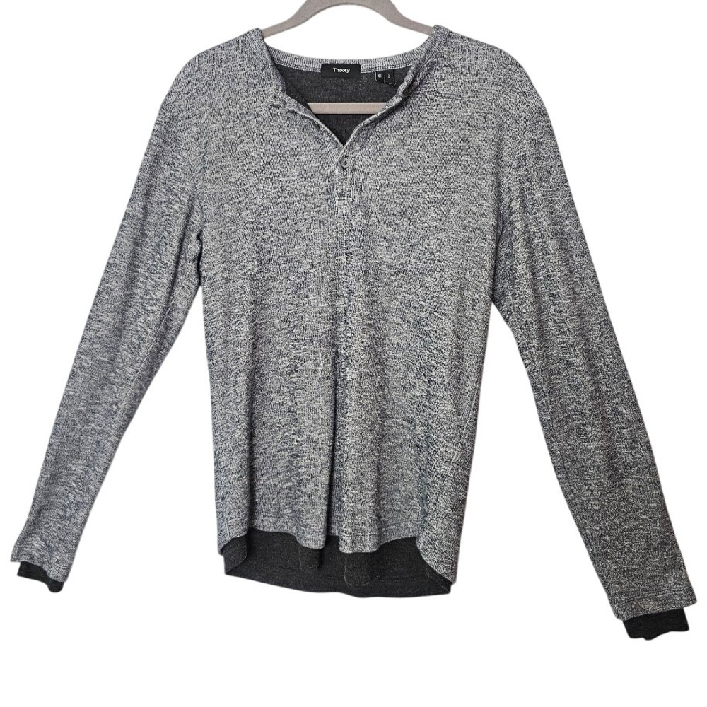 Theory Mens Double Layer Henley Sweater XS Gray Marled Minimalist Luxury‎